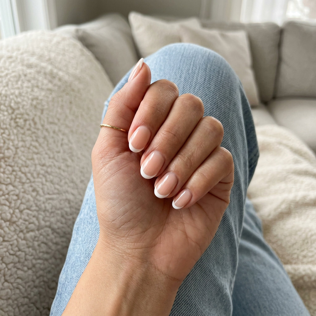 Soft Peach Halo Dip Nails 2026 Soft Peach Halo Reverse French summer dip nails 2026: milky peach with white tip for clean-girl polished look.