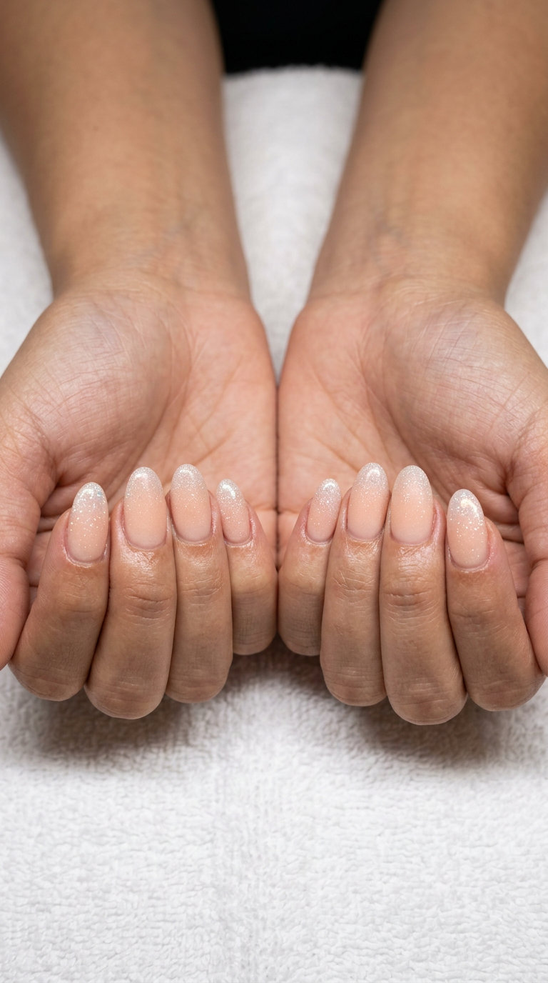 Sparkling Peach Gradient Dip Nails 2026 Sparkling Peach Dawn Gradient summer dip nails 2026: milky peach with iridescent glitter for weddings or romantic dates.
