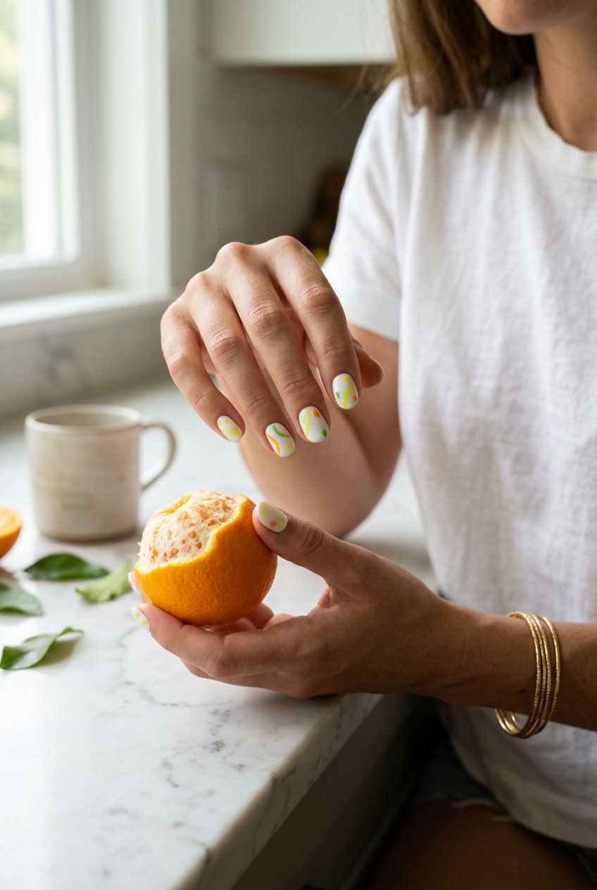 Abstract Citrus Zest Nails 2026 Abstract Citrus Zest nails: colorful citrus art on white base summer fruits nail art 2026.