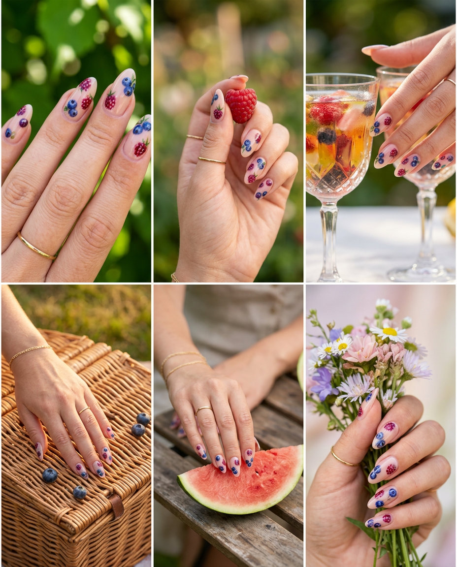 Berry Cluster Nails 2026: Wedding Guest Style Berry Cluster Hand-Painted summer fruits nail art 2026 on sheer nude nails with blue and red berries.