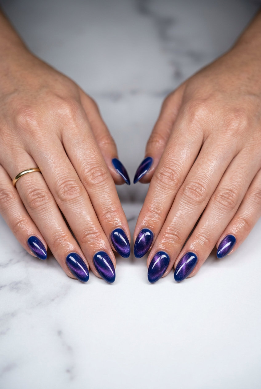 Blueberry Burst Cat-Eye Nails 2026 Blueberry Burst Cat-Eye nails: deep blue with magnetic purple shift, sultry summer fruits nail art 2026.