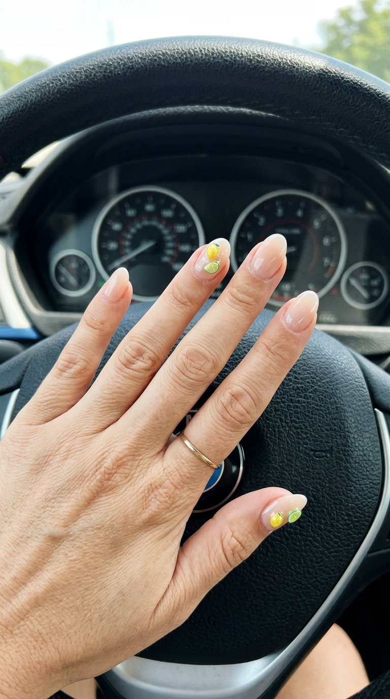 Citrus Grove Gradient Stiletto nails: vibrant yellow to lime green summer fruits nail art 2026 for parties and festivals.