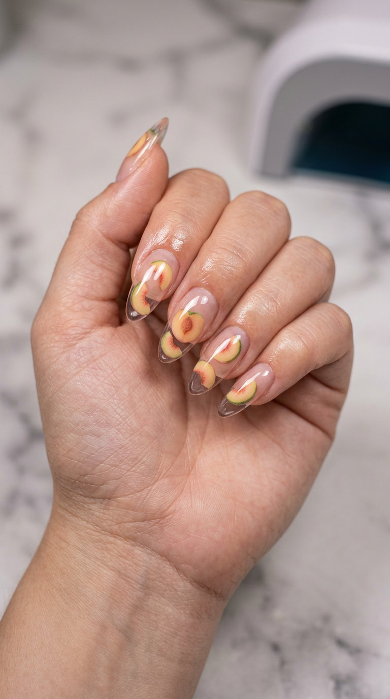 Clear Glass Peach Slices Nails 2026 Clear Glass Peach Slices nails: hyper-realistic peach decals in clear builder gel, artistic summer fruits nail art 2026.