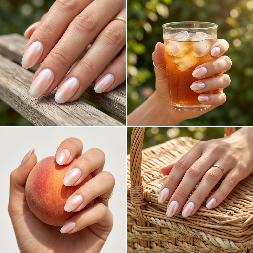 Peach Swirl Almond Nails 2026: Garden Party Chic Pearlescent Peach Swirl Almond summer fruits nail art 2026 for garden parties.