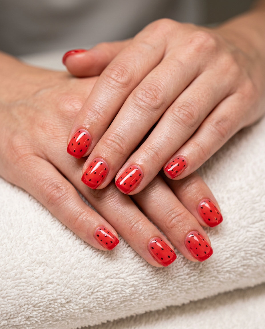 Seeded Strawberry French Nails 2026 Seeded Strawberry French nails: strawberry red jelly with black dots summer fruits nail art 2026.