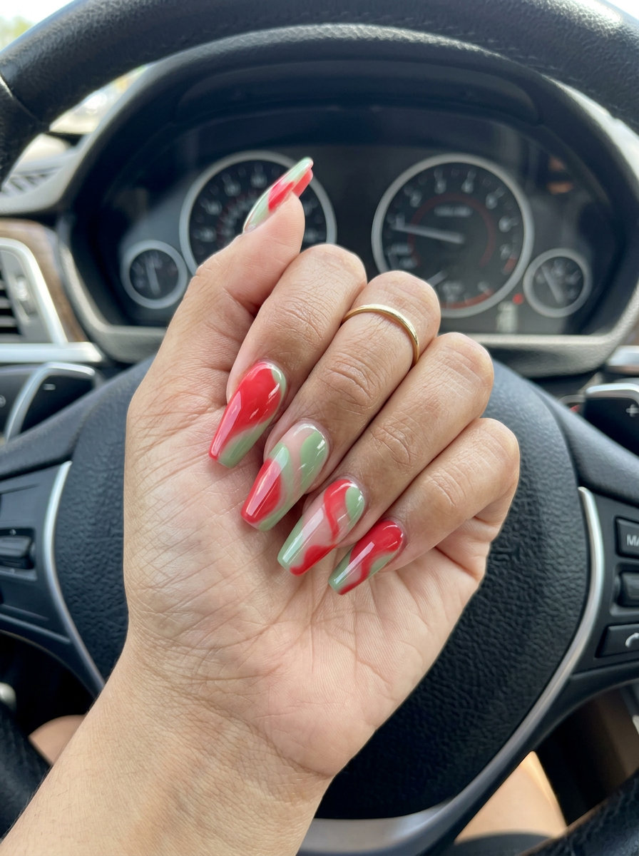 Strawberry Fields Swirls Nails 2026 Strawberry Fields Swirls squoval nails: vibrant red & green abstract art on creamy white base, playful summer fruits nail art 2026.