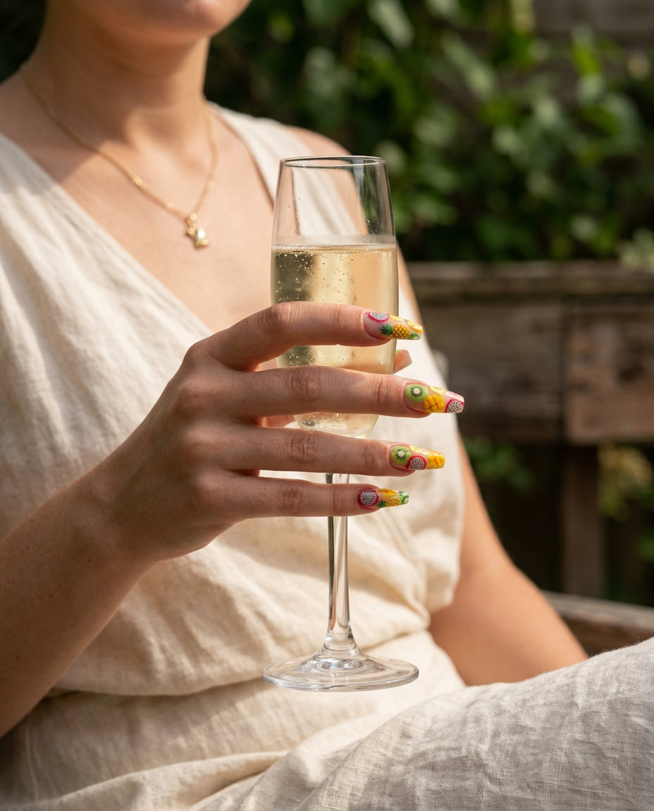 Tropical Fruit Mosaic Nails 2026 Tropical Fruit Mosaic coffin nails: vibrant fruit slice art in glossy finish, glamorous summer fruits nail art 2026.