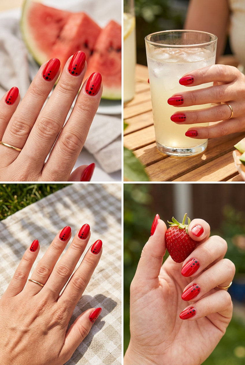 Watermelon Seed Dots Red Nails 2026 Watermelon Seed Dots Red nails: vibrant red with black dots summer fruits nail art 2026.