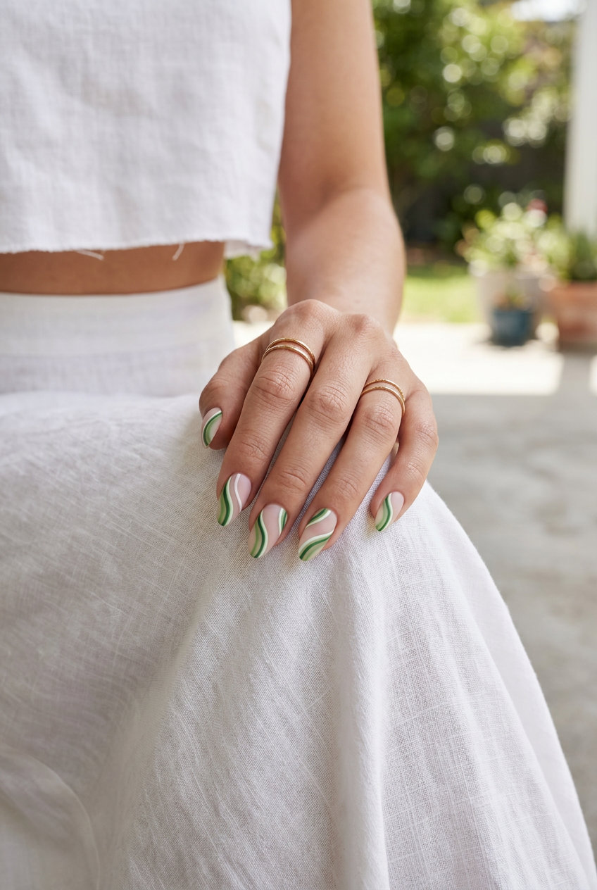 Watermelon Rind Nails 2026: Picnic Perfect Playful summer fruits nail art 2026: Watermelon rind lines on almond nails for a picnic or casual day.