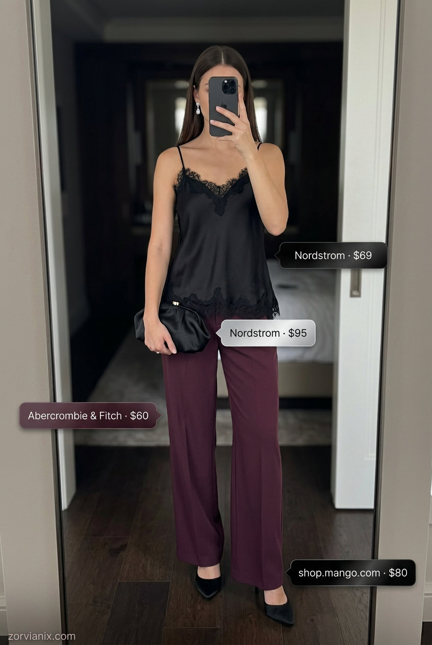 Sophisticated black lace cami with burgundy trousers for summer lace outfits for women 2026. Sleek evening style.