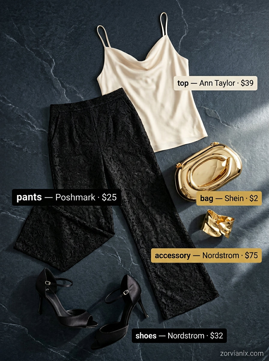 Elegant black lace palazzo pants with cowl neck cami for summer lace outfits for women 2026. Chic evening wear.