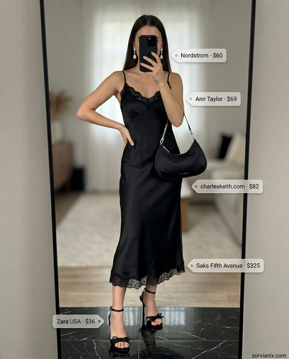 Black lace slip dress for women 2026: elegant midi style with silver earrings and strappy heels for date night.