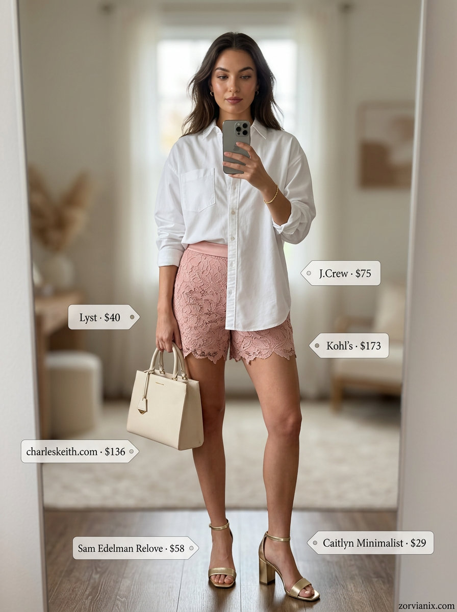 Feminine blush pink lace shorts with white shirt for summer lace outfits for women 2026. Great for garden parties.