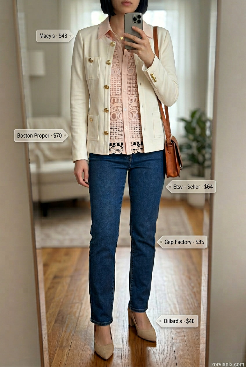 Sophisticated blush pink lace blouse with denim jeans for a garden party or lunch date. Summer Lace Outfits for Women 2026.