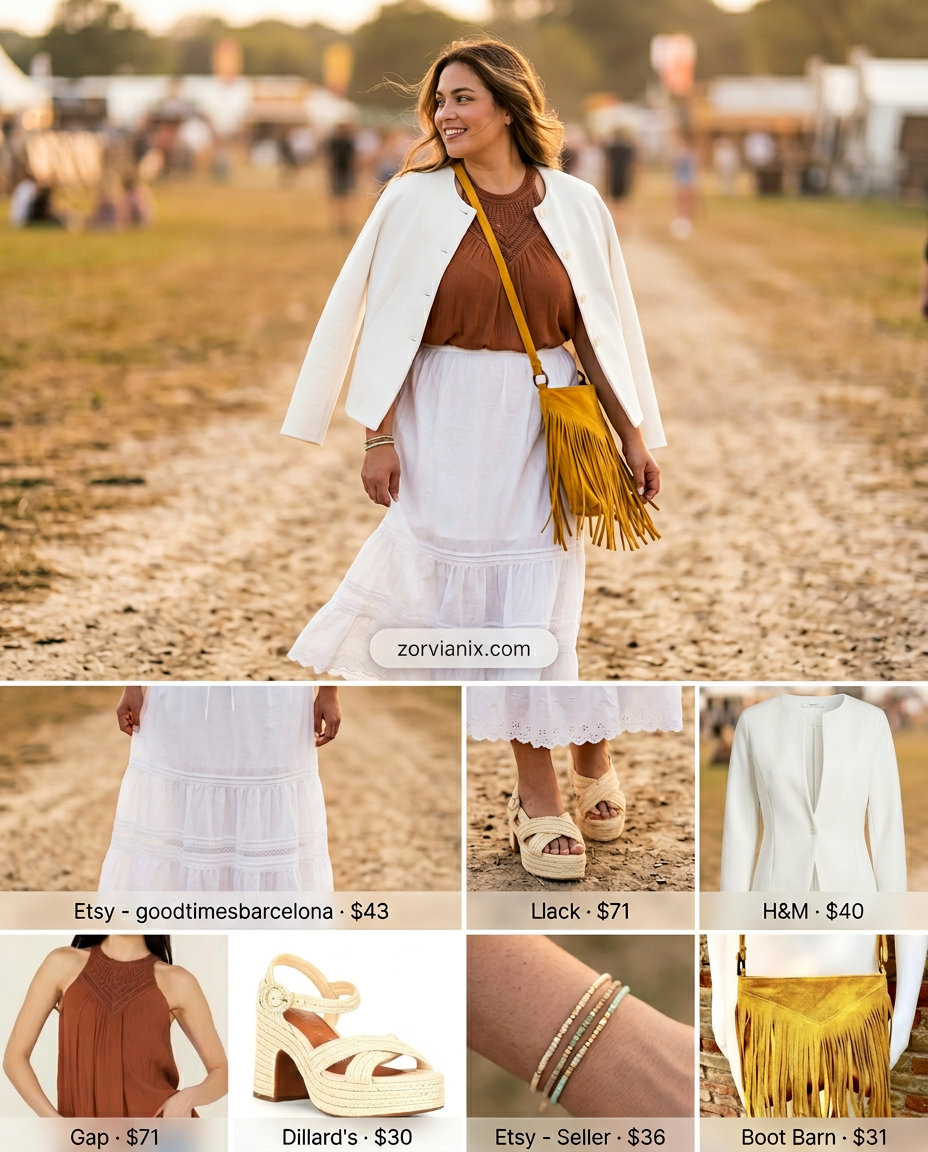 Boho ivory lace maxi skirt for women 2026: tiered crochet style with earthy accessories for summer festivals.