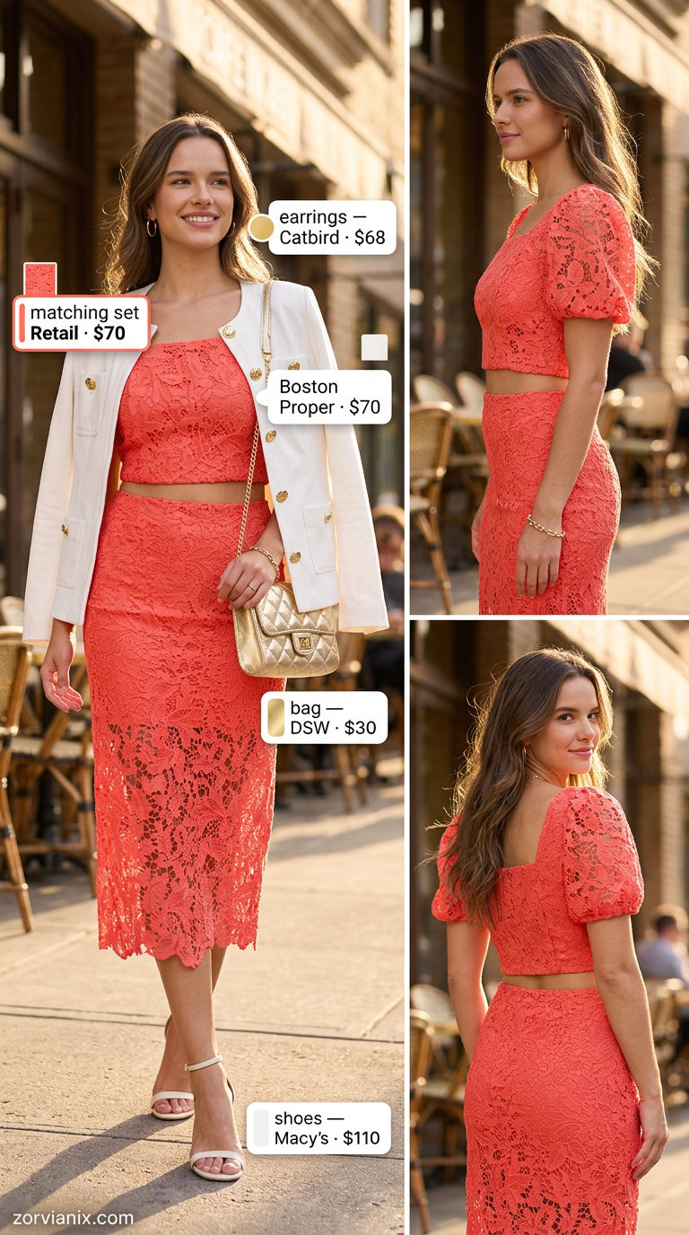 Vibrant coral lace co-ord set for summer lace outfits for women 2026. Ideal for events, brunch, or date night.
