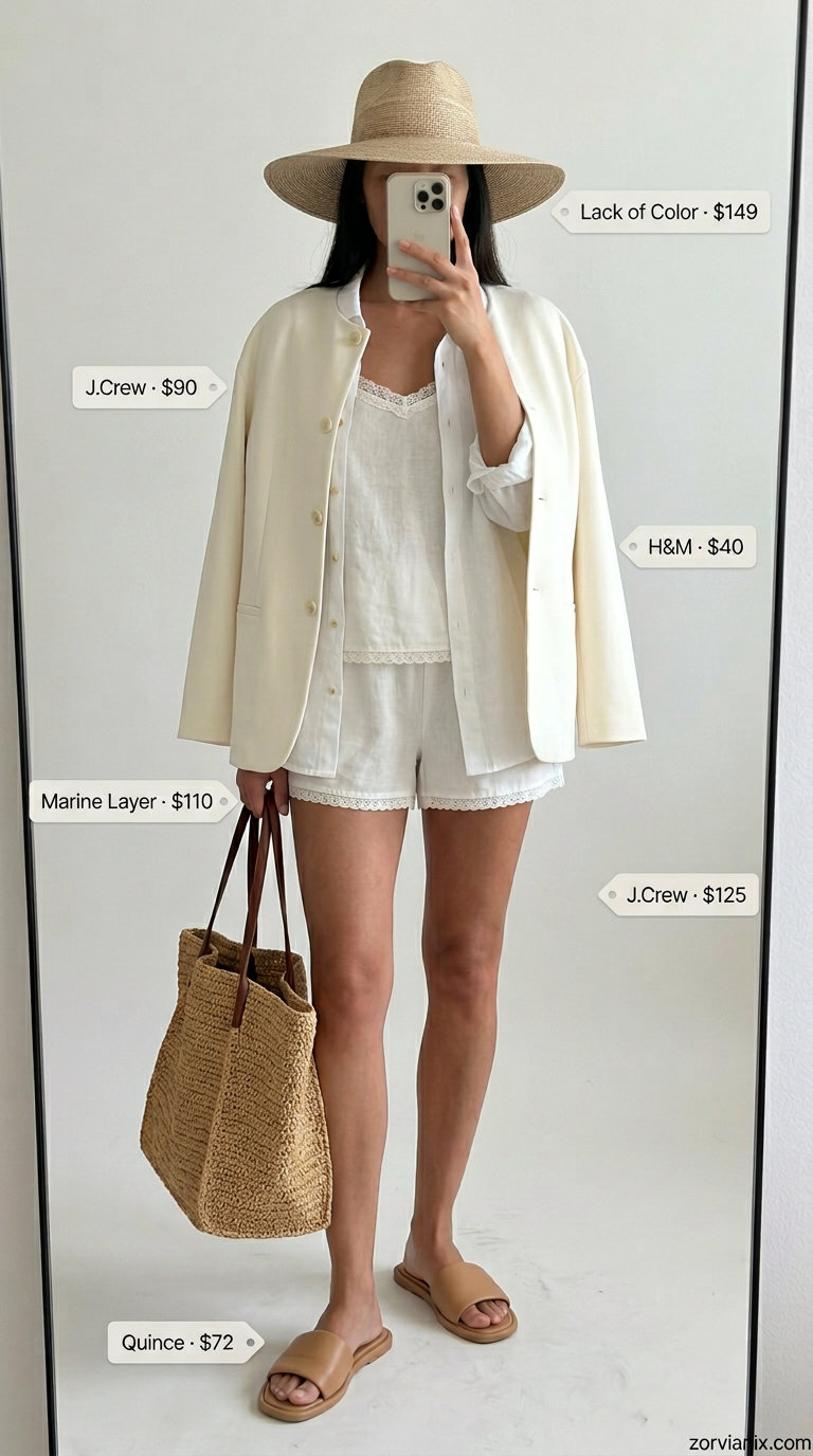 Effortless cream lace shorts set with an oversized linen shirt for vacation resort wear. Summer Lace Outfits for Women 2026.