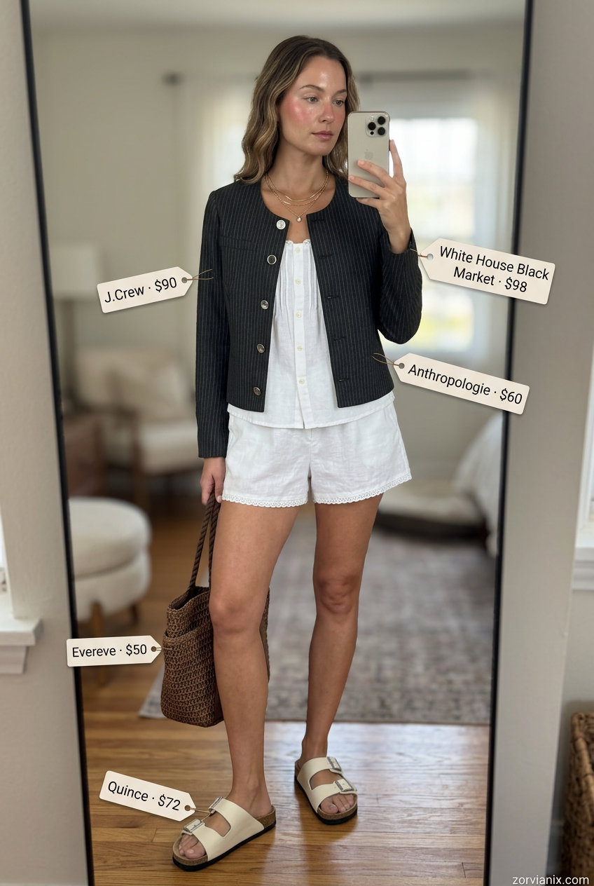 Cream linen shorts set with lace trim for women 2026: relaxed vacation style with raffia tote and gold jewelry.