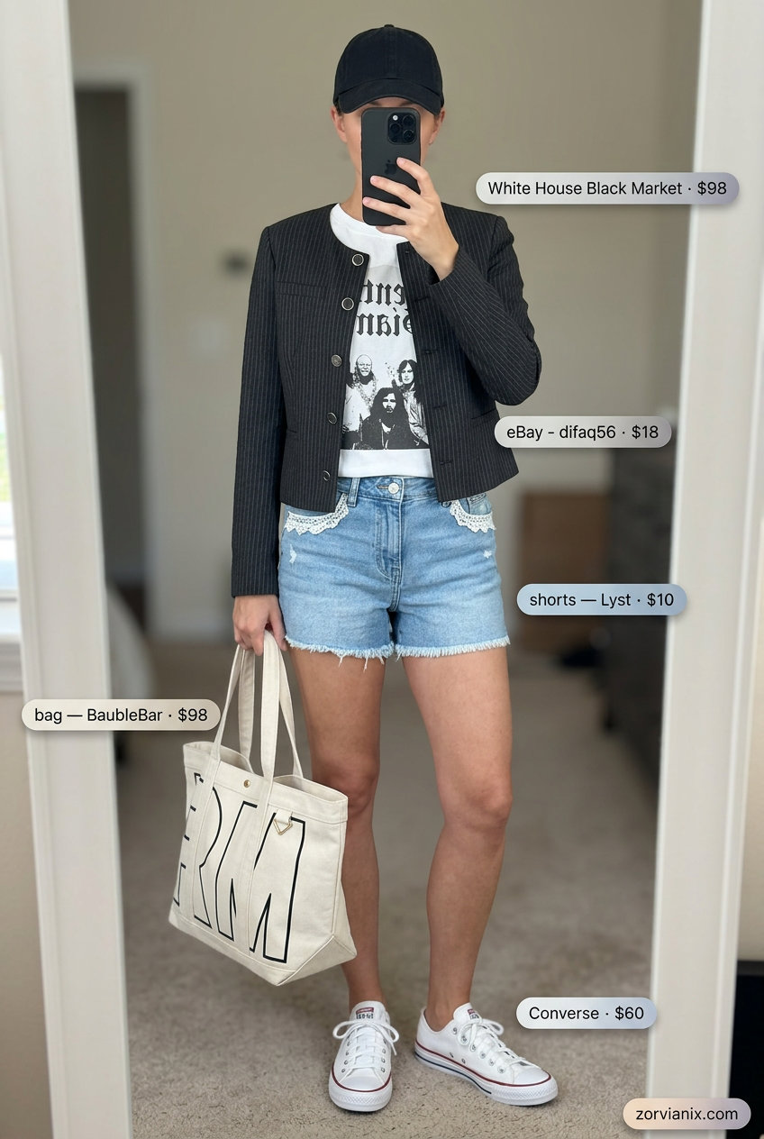 Denim shorts with lace trim for women 2026: casual cool style with graphic tee, sneakers, and canvas tote.