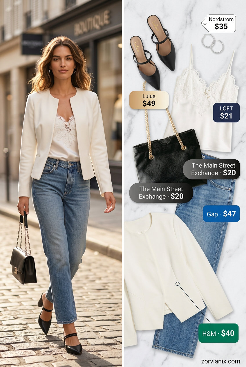 Chic ivory lace cami with denim jeans for summer lace outfits for women 2026. Perfect for casual evening.