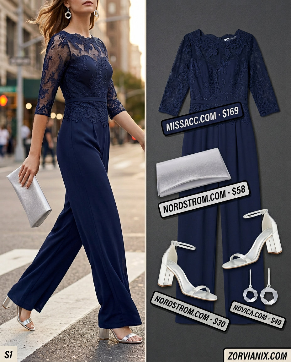 Navy blue lace jumpsuit for women 2026: modern chic wide-leg style with silver accessories for evening events.
