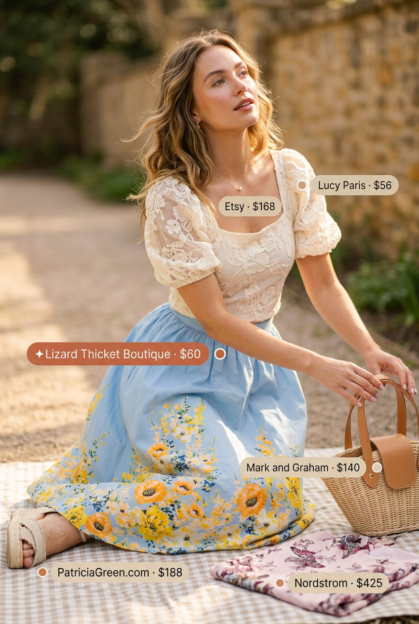 Romantic pastel blue floral midi skirt with a cream lace blouse for a picnic. Summer Lace Outfits for Women 2026.