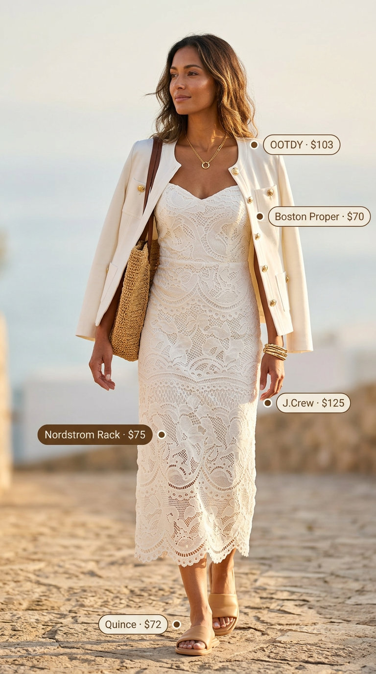 White lace midi dress for women 2026: serene beach brunch style with straw tote and flat sandals.