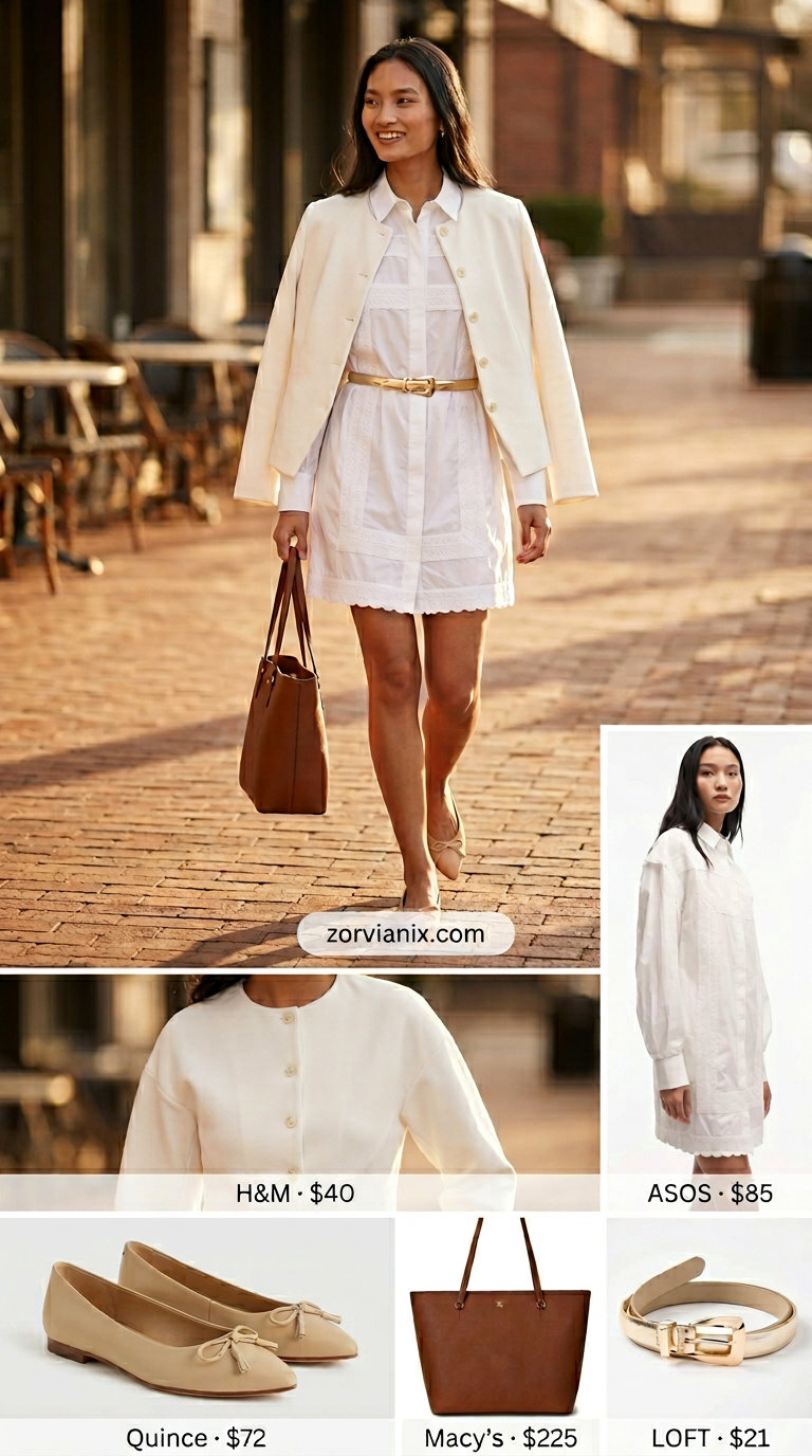Classic white lace-trimmed shirt dress for summer lace outfits for women 2026. Smart casual and polished.