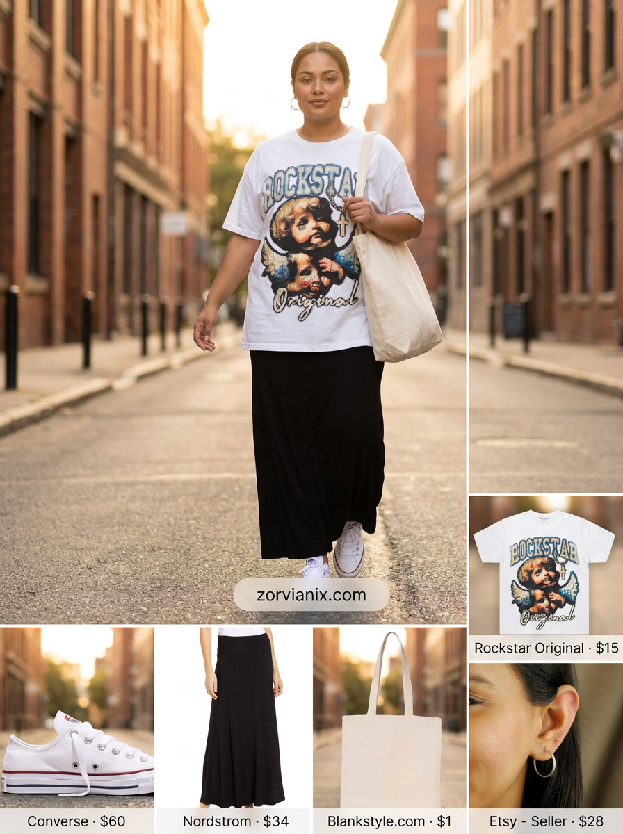 Casual Summer Maxi Skirt and Sneakers Outfits 2026: Black maxi skirt, graphic tee, canvas sneakers, canvas tote, and hoop earrings.
