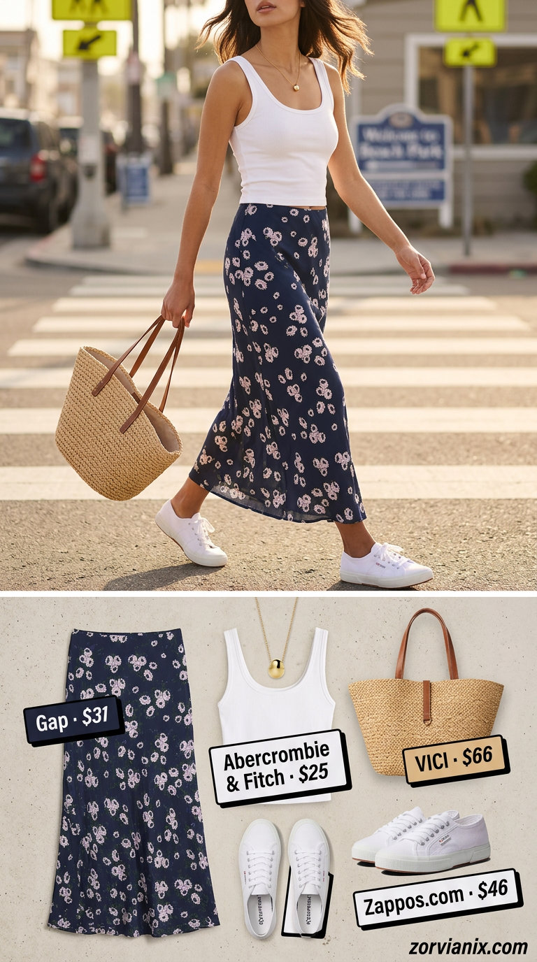 Coastal breeze maxi skirt outfit: navy floral skirt, white tank, straw tote, and canvas sneakers 2026.
