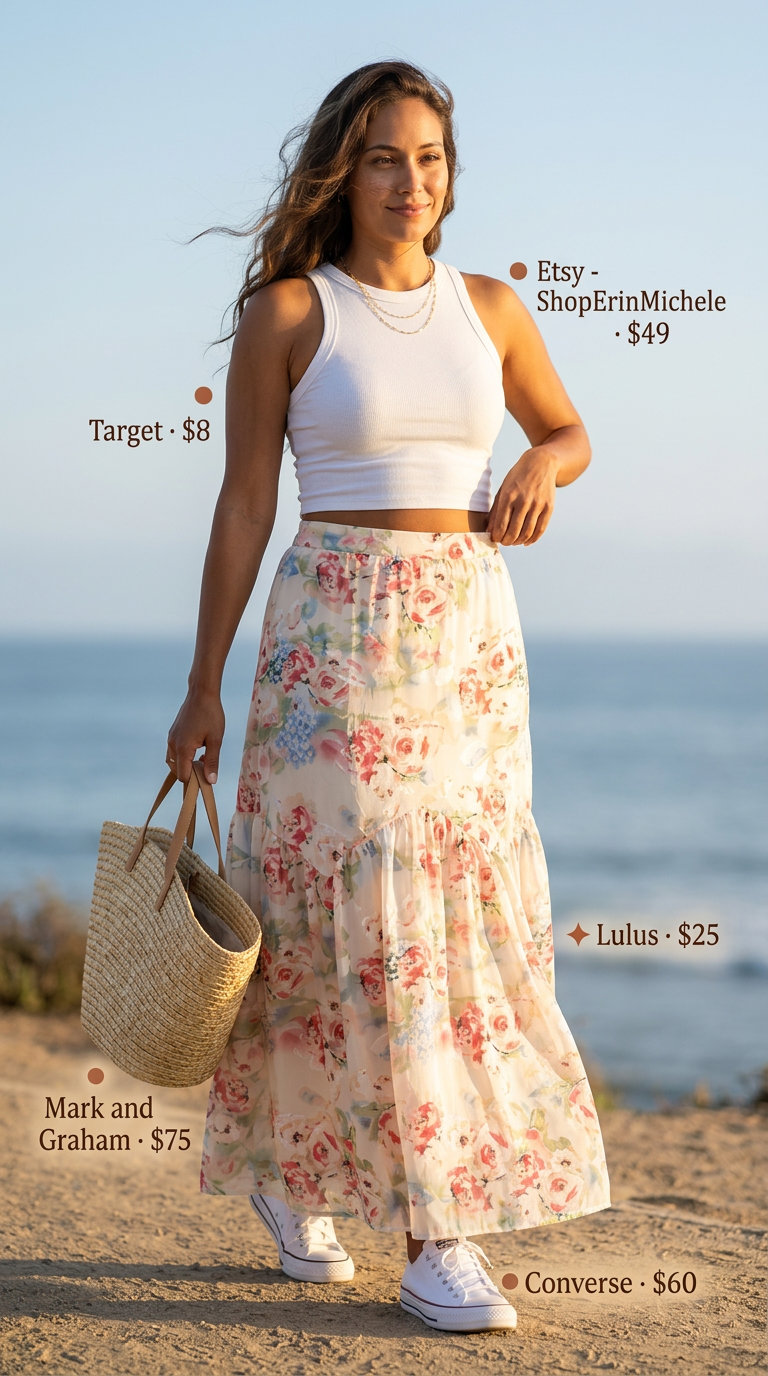 Coastal breeze maxi skirt outfit: floral skirt, white tank, straw tote, and canvas sneakers for summer 2026.