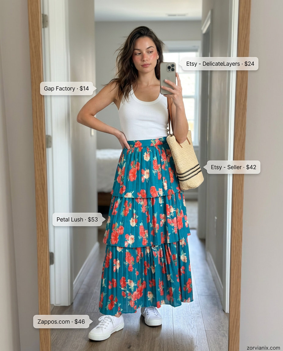 Boho Summer Maxi Skirt and Sneakers Outfits 2026: Floral maxi skirt, white knit tank, canvas sneakers, straw tote, and gold earrings.