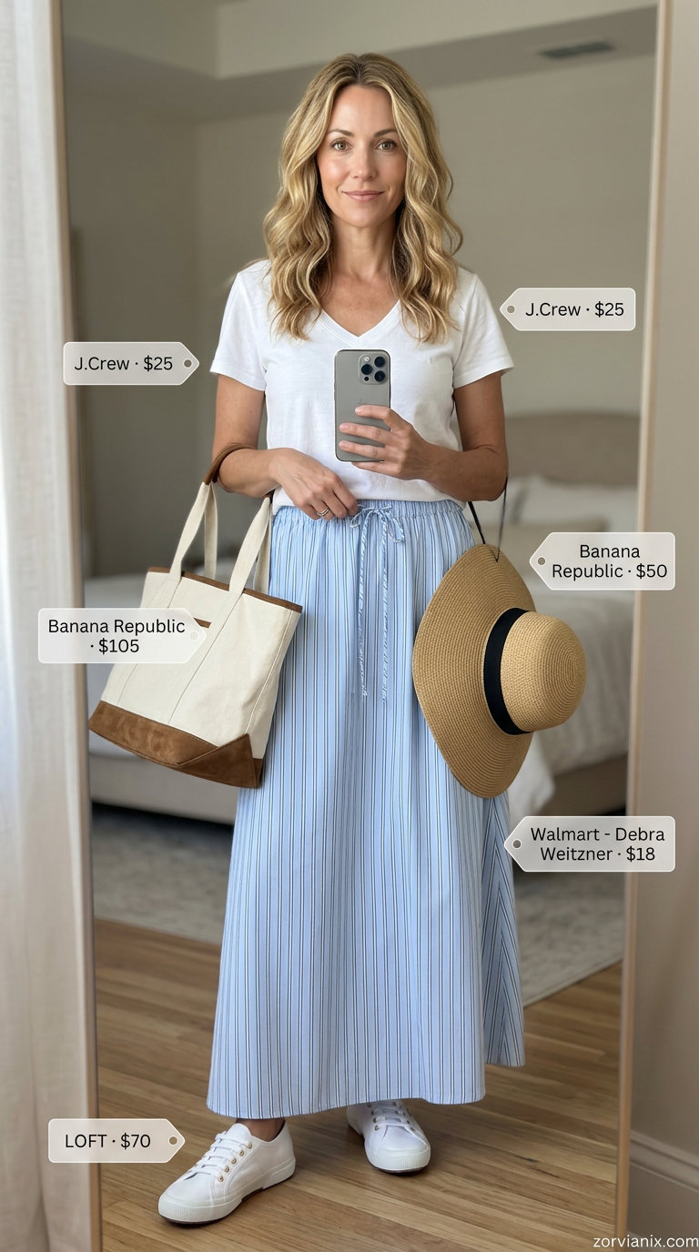 Coastal Grandma outfit: striped maxi skirt, white tee, straw hat, and canvas sneakers for summer 2026.