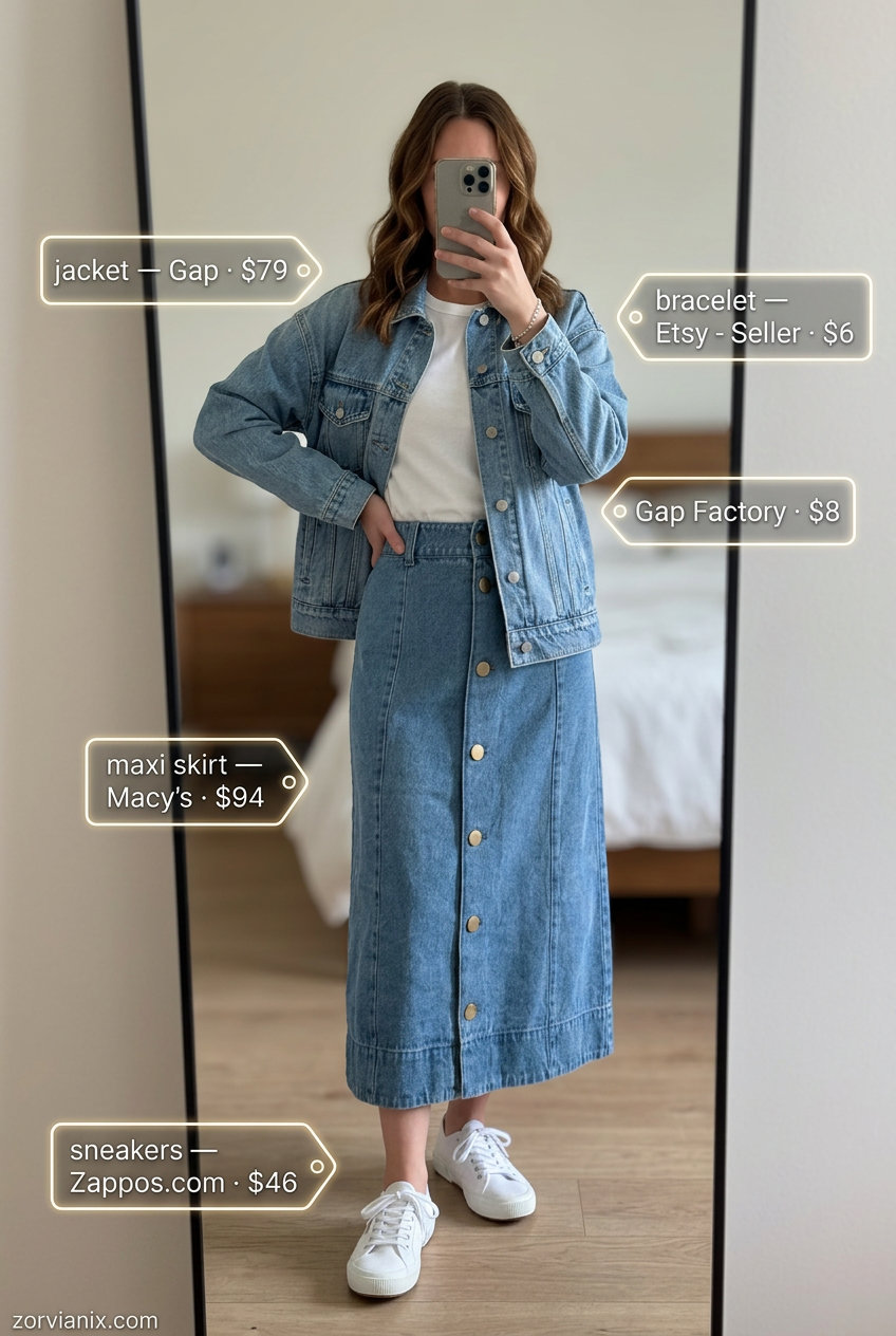 Classic Summer Maxi Skirt and Sneakers Outfits 2026: Denim maxi skirt, denim jacket, white tee, canvas sneakers, and canvas tote.
