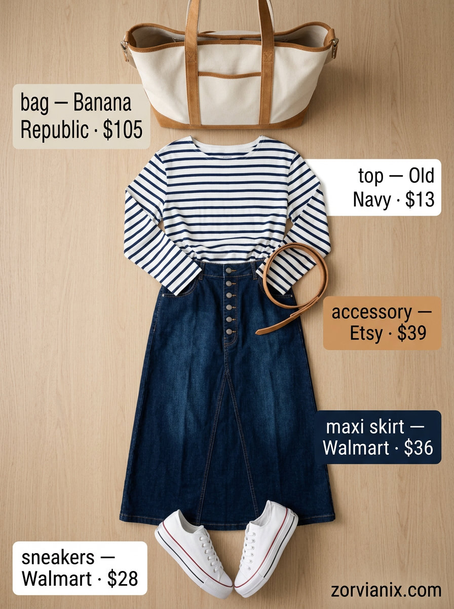 Denim maxi skirt outfit: A-line denim skirt, striped tee, belt, and canvas sneakers for summer 2026.