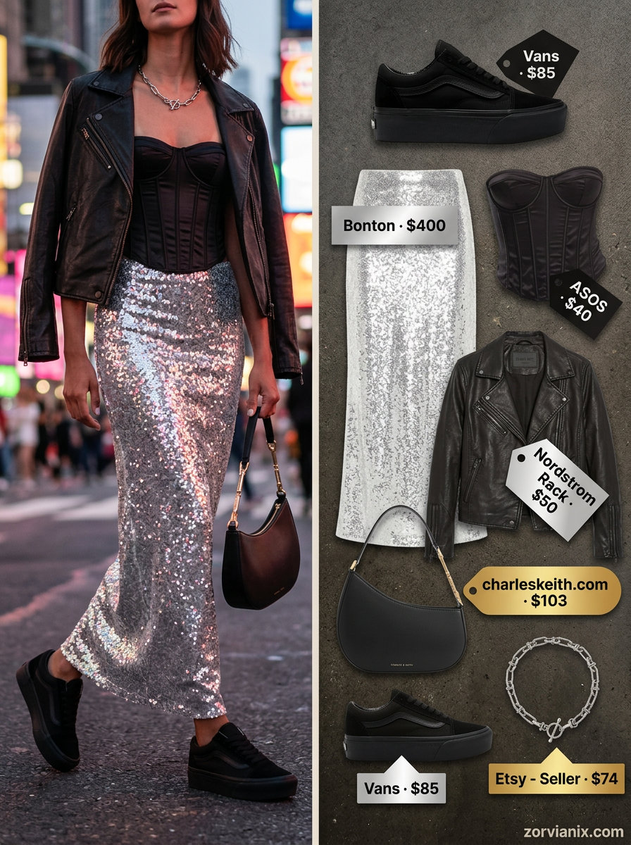 Edgy Summer Maxi Skirt and Sneakers Outfits 2026: Silver metallic maxi skirt, black corset top, moto jacket, platform sneakers, and chain bag.