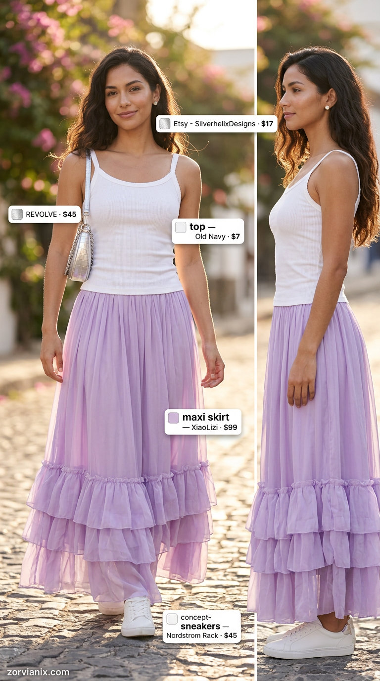 Ethereal Summer Maxi Skirt and Sneakers Outfits 2026: Lavender burnout maxi skirt, white camisole, minimalist sneakers, crossbody bag, and stud earrings.