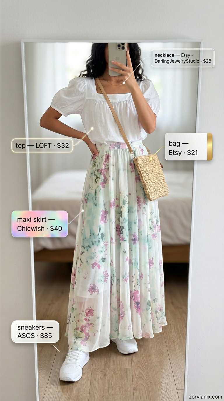 Garden party outfit: pastel floral maxi skirt, white puff-sleeve blouse, and white sneakers for summer 2026.