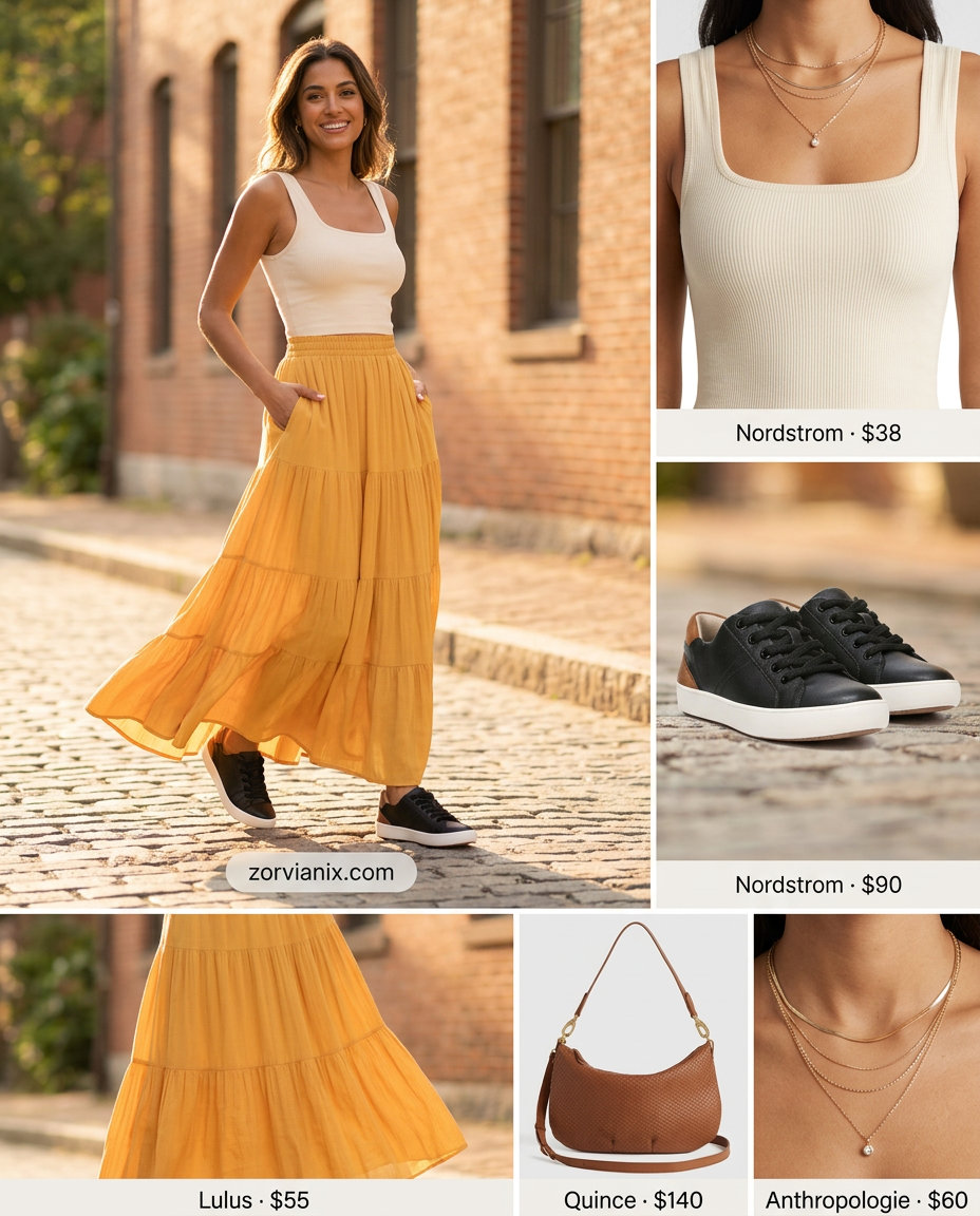 Summer Maxi Skirt and Sneakers Outfits 2026: Golden yellow maxi skirt, cream tank, sneakers, and layered necklaces.