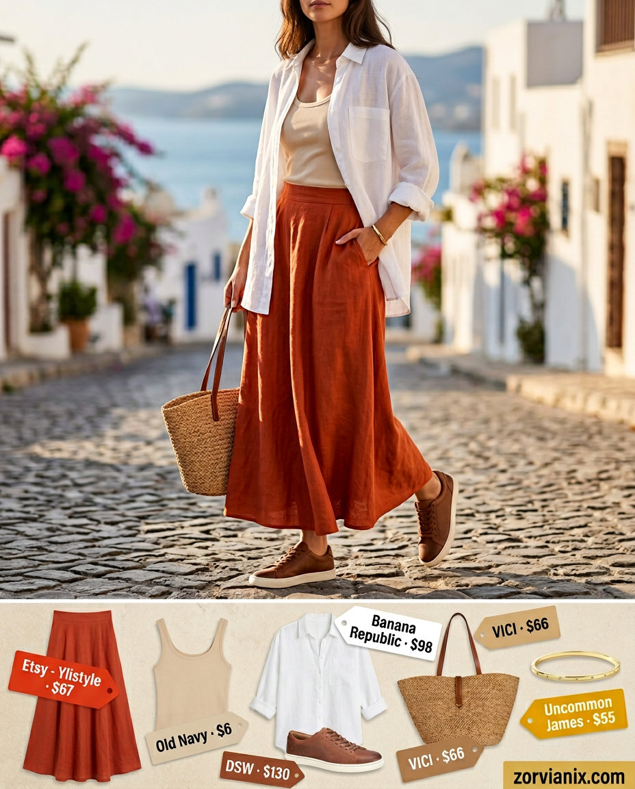 Chic Summer Maxi Skirt and Sneakers Outfits 2026: Terracotta maxi skirt, white linen shirt, ribbed tank, leather sneakers, and straw tote.