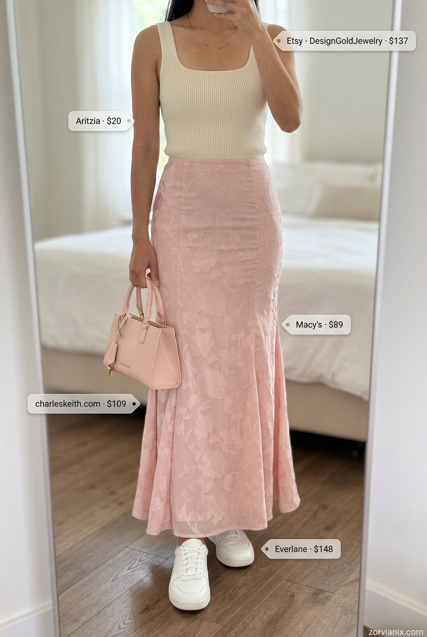 Modern romantic maxi skirt outfit: blush pink floral skirt, fitted knit top, and minimalist sneakers 2026.