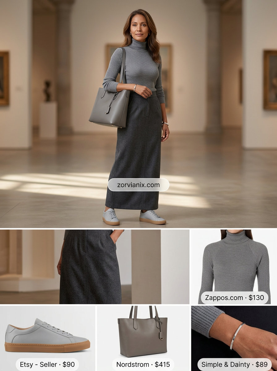 Monochromatic maxi skirt outfit: grey skirt, turtleneck, grey sneakers, and leather tote for summer 2026.