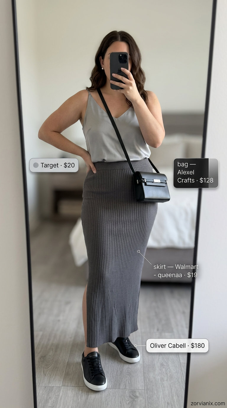 Summer Maxi Skirt and Sneakers Outfits 2026: Black ribbed maxi skirt, charcoal top, black sneakers, and crossbody bag.