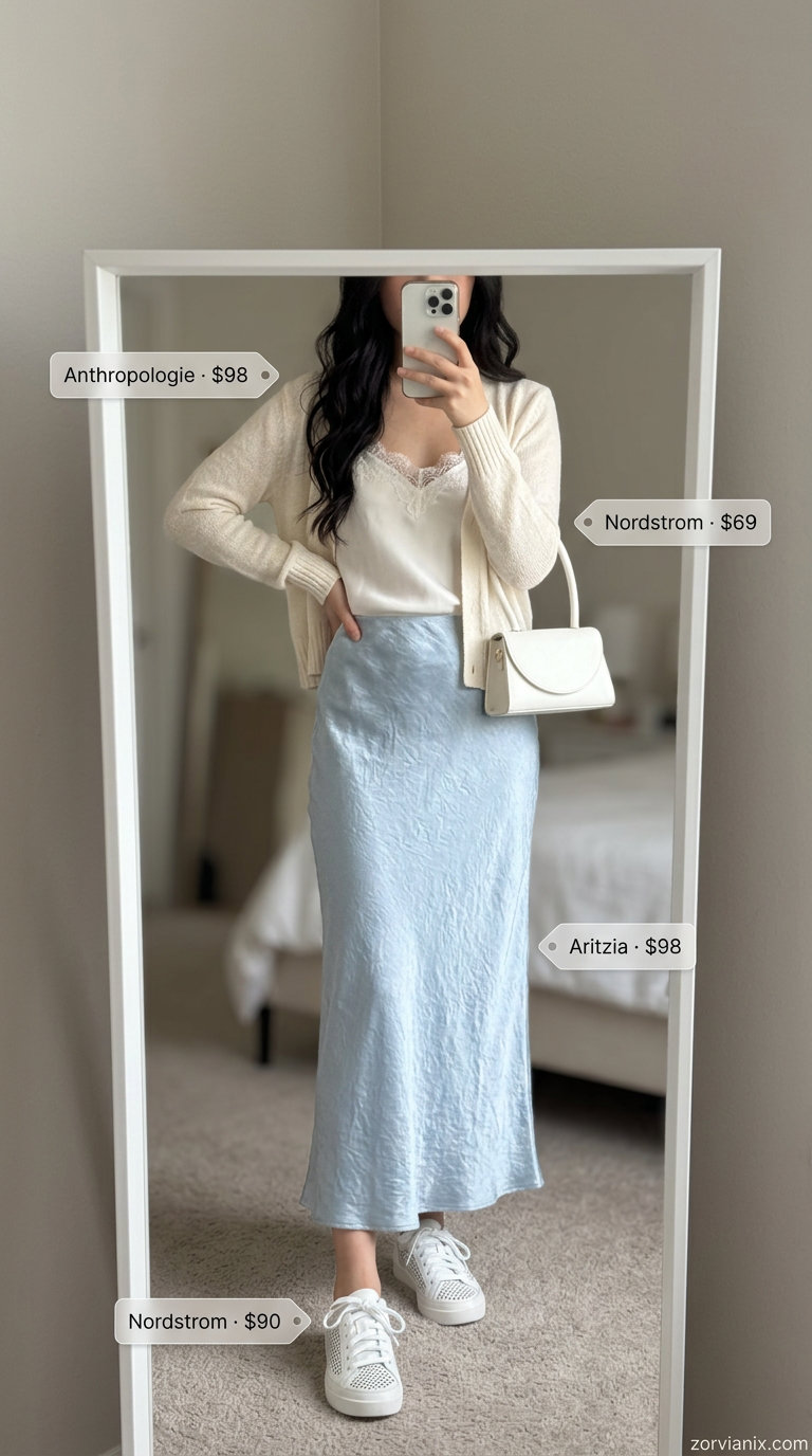 Summer Maxi Skirt and Sneakers Outfits 2026: Pale blue satin maxi skirt, cream camisole, cardigan, and white sneakers.