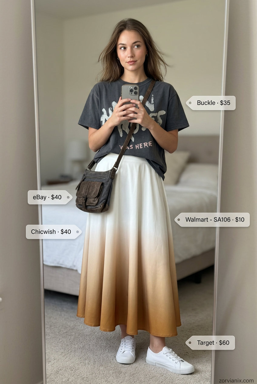 Summer Maxi Skirt and Sneakers Outfits 2026: Vintage print maxi skirt, band tee, and canvas sneakers for retro vibes.