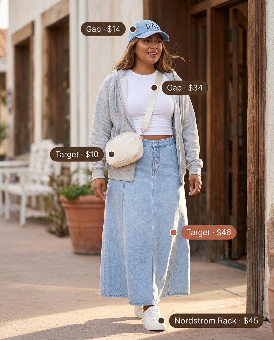Summer Maxi Skirt and Sneakers Outfits 2026: Denim maxi skirt, grey hoodie, white sneakers for a sporty chic look.