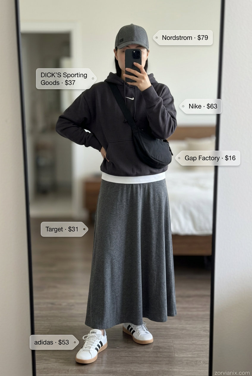 Sporty Summer Maxi Skirt and Sneakers Outfits 2026: Charcoal grey jersey maxi skirt, white sports bra, hoodie, cap, crossbody bag, and sneakers.