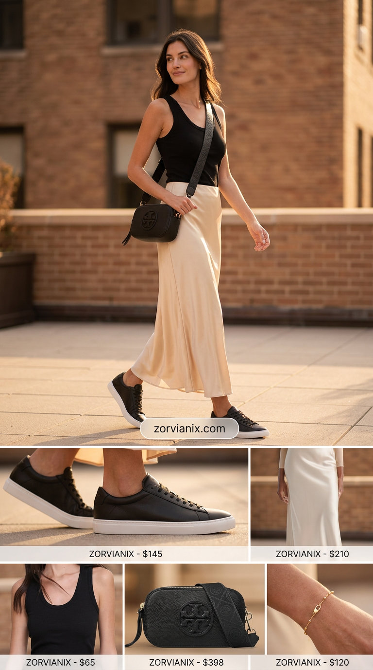 Elegant maxi skirt outfit: champagne satin skirt, black top, black sneakers, and crossbody bag 2026.