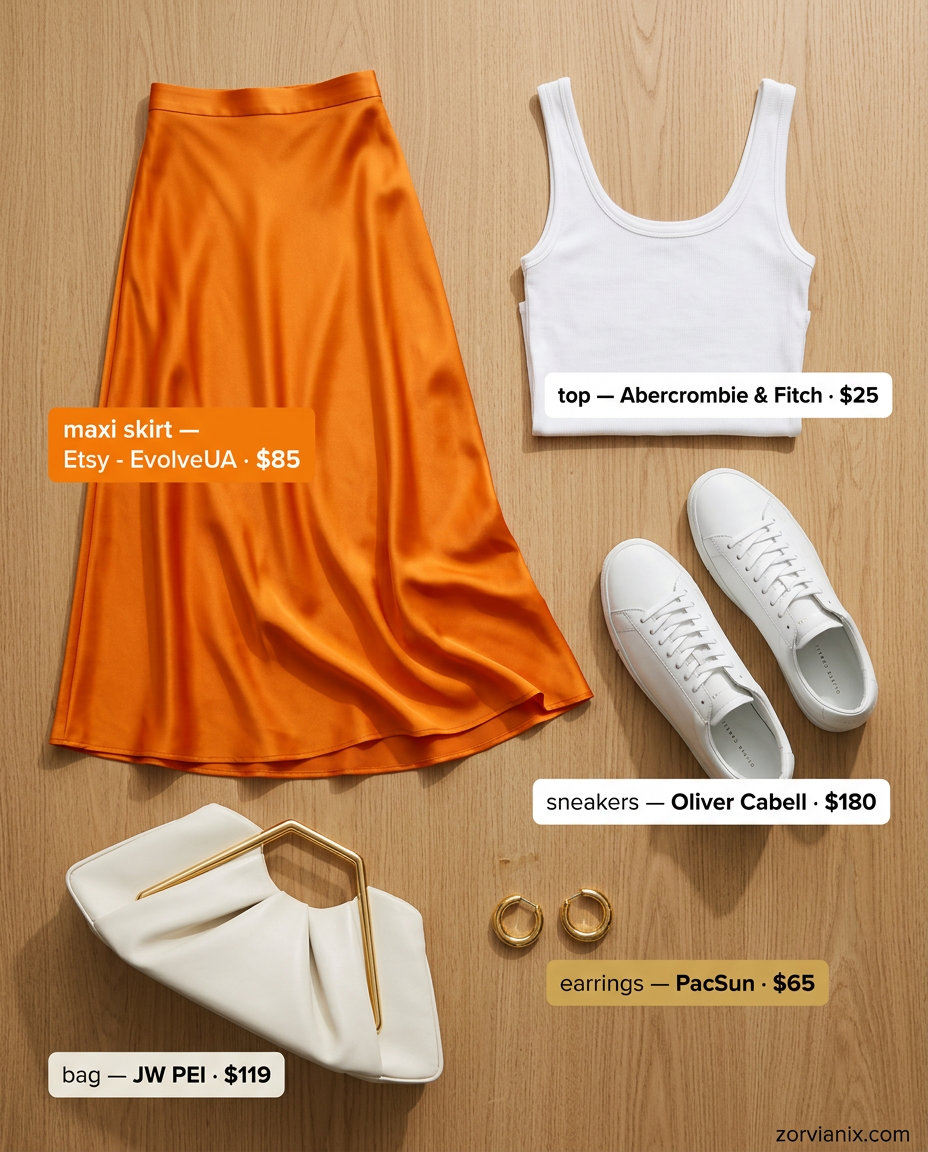 Summer Maxi Skirt and Sneakers Outfits 2026: Sunset orange maxi skirt, white tank, and white sneakers for a radiant look.