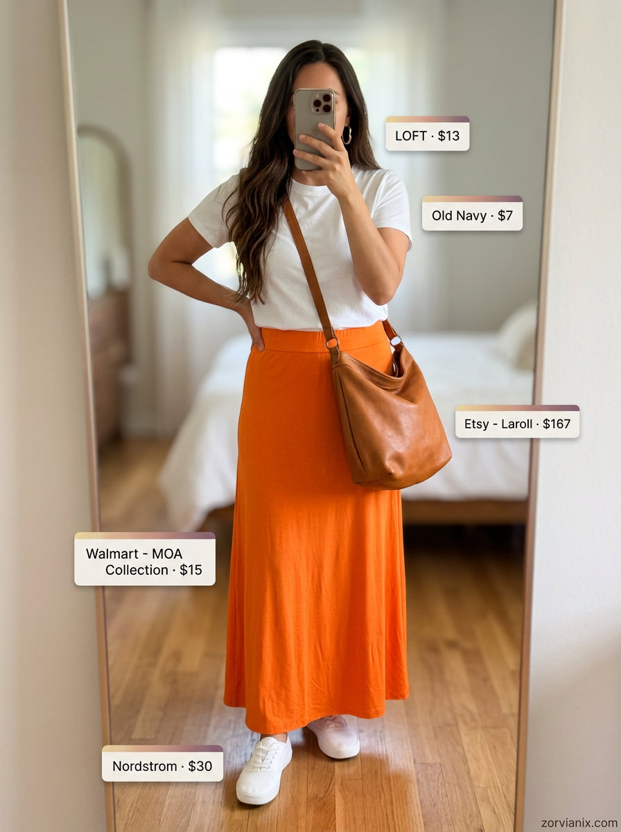 Summer Maxi Skirt and Sneakers Outfits 2026: Sunset orange maxi skirt, white tee, canvas sneakers, and tan bag.